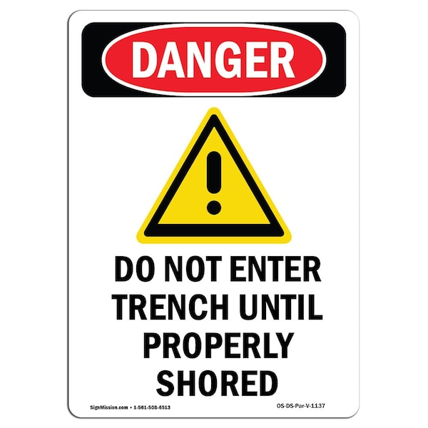 Safety Sign, OSHA Danger, 5" Height, Do Not Enter Trench, Portrait, 10PK